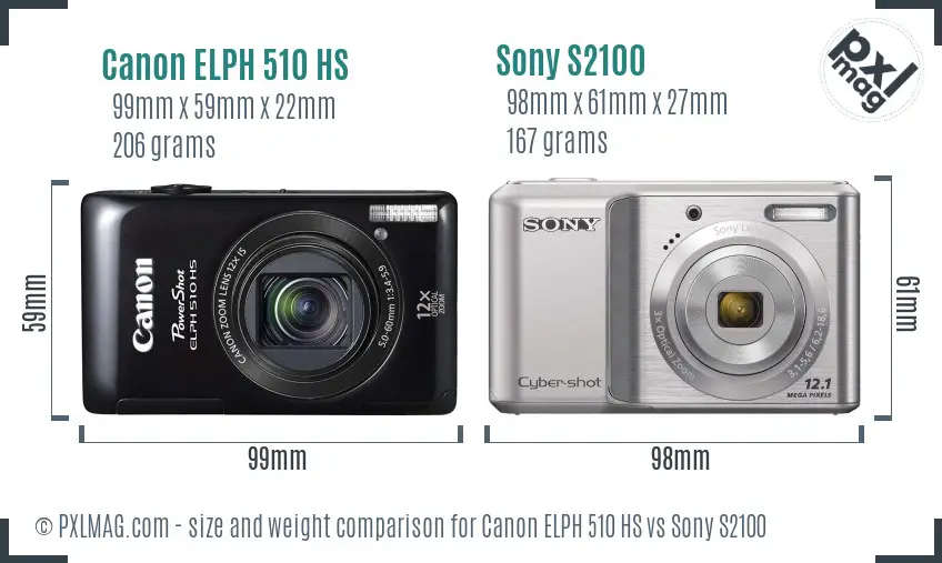 Canon ELPH 510 HS vs Sony S2100 size comparison