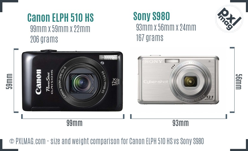Canon ELPH 510 HS vs Sony S980 size comparison