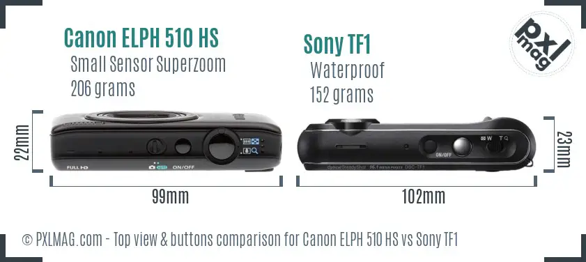 Canon ELPH 510 HS vs Sony TF1 top view buttons comparison Canon ELPH 510 HS vs Sony TF1 top view buttons comparison