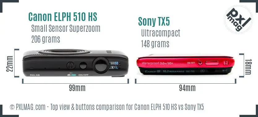 Canon ELPH 510 HS vs Sony TX5 top view buttons comparison