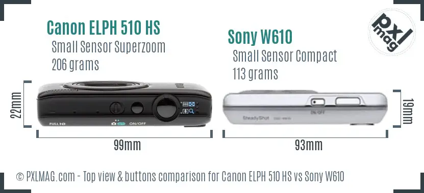 Canon ELPH 510 HS vs Sony W610 top view buttons comparison Canon ELPH 510 HS vs Sony W610 top view buttons comparison