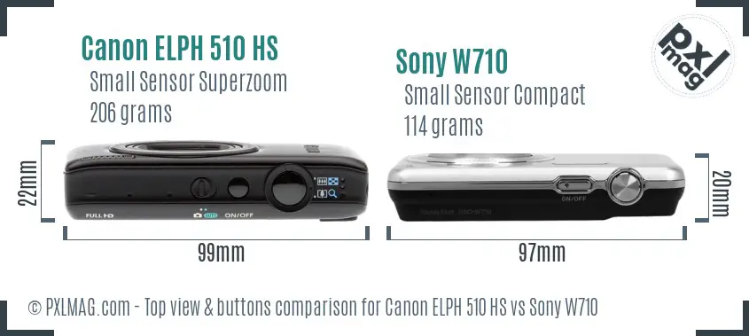 Canon ELPH 510 HS vs Sony W710 top view buttons comparison Canon ELPH 510 HS vs Sony W710 top view buttons comparison