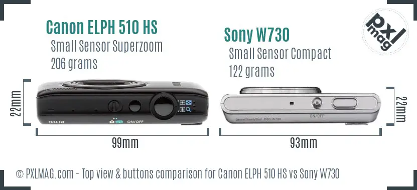 Canon ELPH 510 HS vs Sony W730 top view buttons comparison