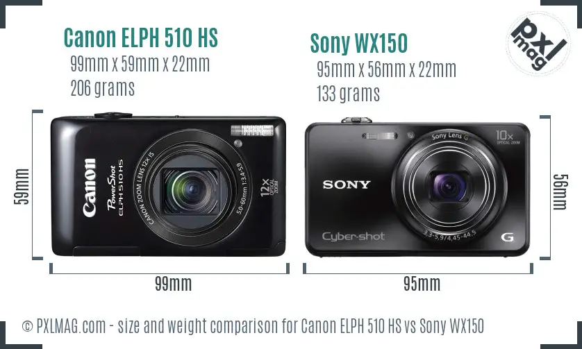 Canon ELPH 510 HS vs Sony WX150 size comparison