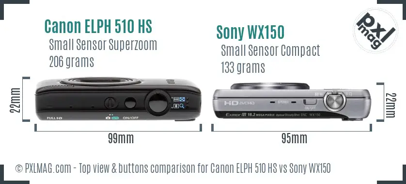 Canon ELPH 510 HS vs Sony WX150 top view buttons comparison