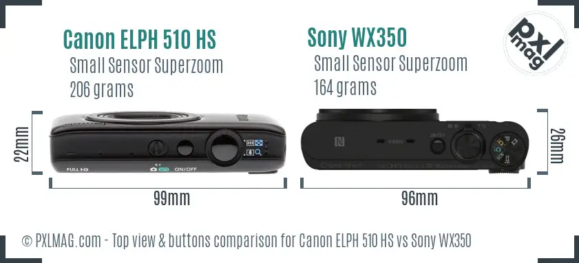 Canon ELPH 510 HS vs Sony WX350 top view buttons comparison