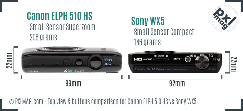 Canon ELPH 510 HS vs Sony WX5 top view buttons comparison