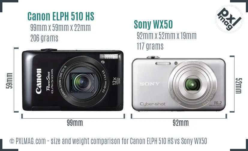 Canon ELPH 510 HS vs Sony WX50 size comparison