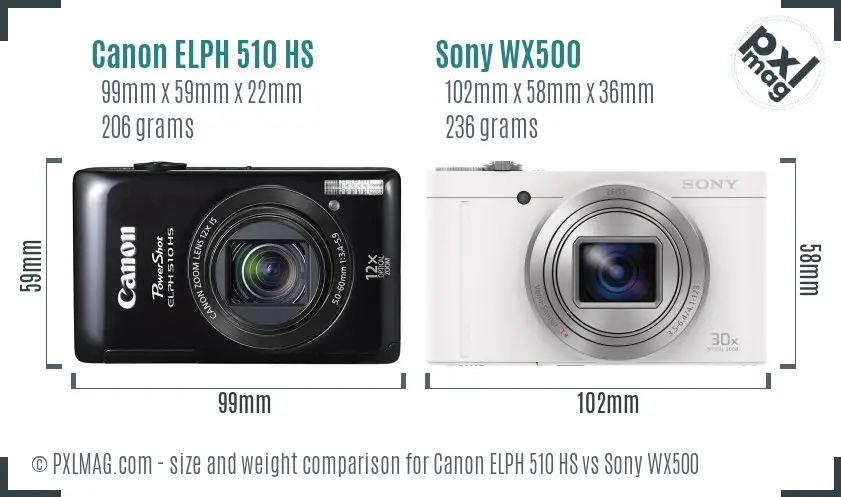 Canon ELPH 510 HS vs Sony WX500 size comparison Canon ELPH 510 HS vs Sony WX500 size comparison
