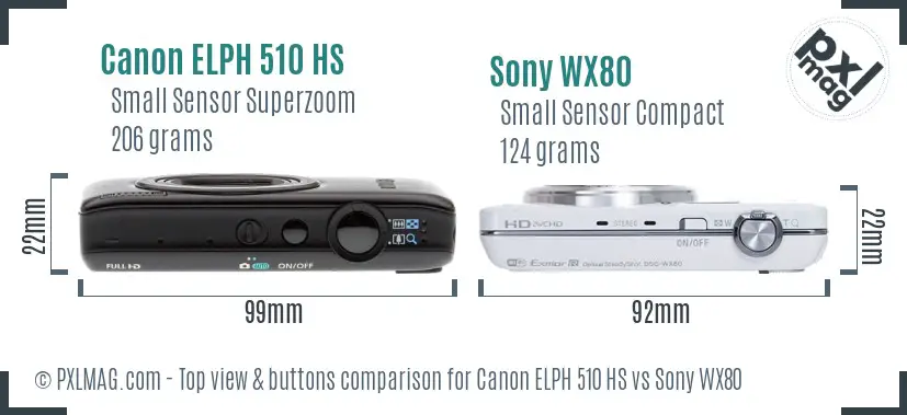 Canon ELPH 510 HS vs Sony WX80 top view buttons comparison Canon ELPH 510 HS vs Sony WX80 top view buttons comparison