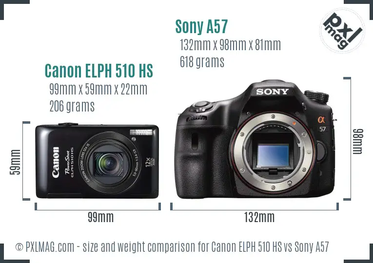 Canon ELPH 510 HS vs Sony A57 size comparison