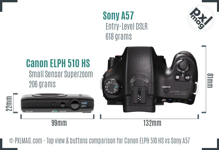 Canon ELPH 510 HS vs Sony A57 top view buttons comparison