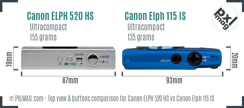Canon ELPH 520 HS vs Canon Elph 115 IS top view buttons comparison