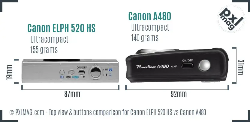 Canon ELPH 520 HS vs Canon A480 top view buttons comparison