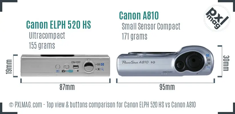 Canon ELPH 520 HS vs Canon A810 top view buttons comparison