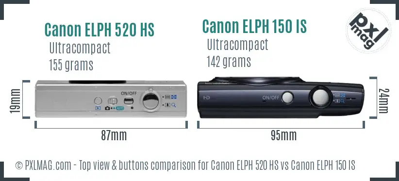 Canon ELPH 520 HS vs Canon ELPH 150 IS top view buttons comparison