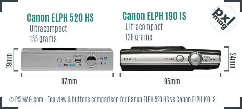 Canon ELPH 520 HS vs Canon ELPH 190 IS top view buttons comparison