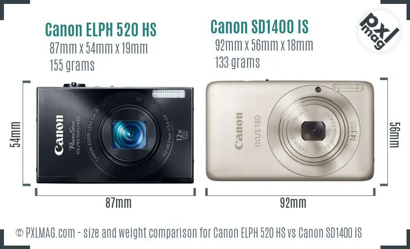 Canon ELPH 520 HS vs Canon SD1400 IS size comparison