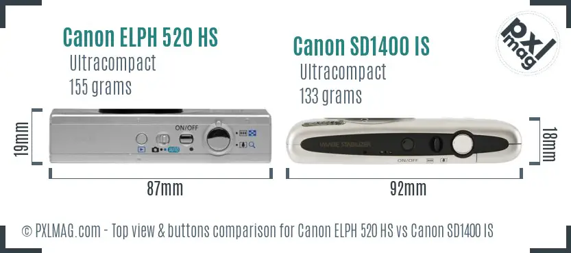 Canon ELPH 520 HS vs Canon SD1400 IS top view buttons comparison