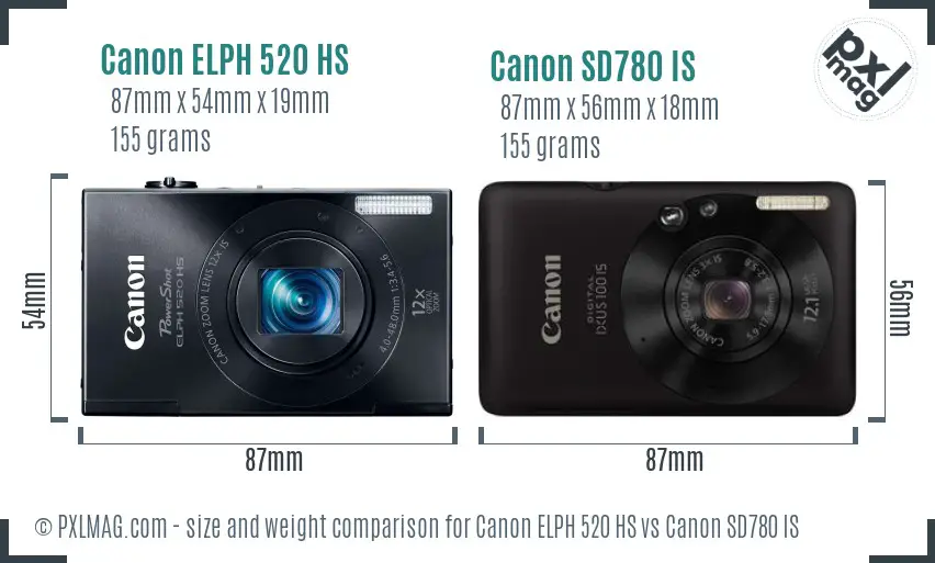 Canon ELPH 520 HS vs Canon SD780 IS size comparison