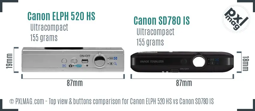 Canon ELPH 520 HS vs Canon SD780 IS top view buttons comparison