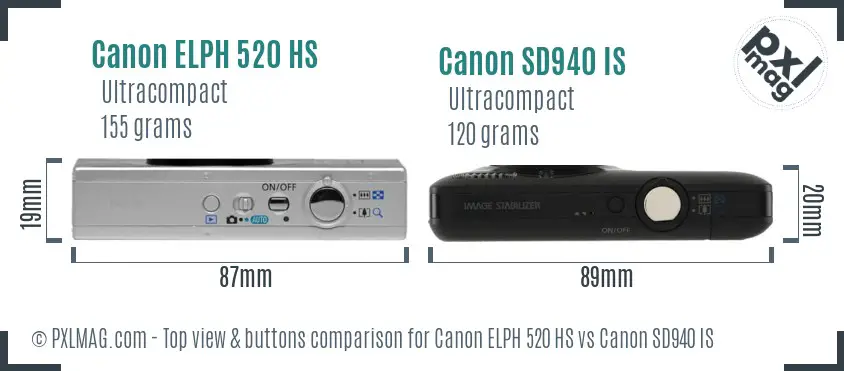 Canon ELPH 520 HS vs Canon SD940 IS top view buttons comparison
