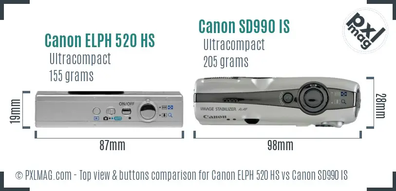 Canon ELPH 520 HS vs Canon SD990 IS top view buttons comparison