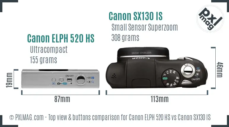 Canon ELPH 520 HS vs Canon SX130 IS top view buttons comparison