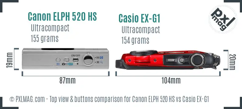 Canon ELPH 520 HS vs Casio EX-G1 top view buttons comparison