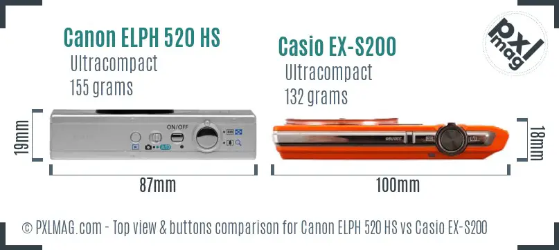 Canon ELPH 520 HS vs Casio EX-S200 top view buttons comparison
