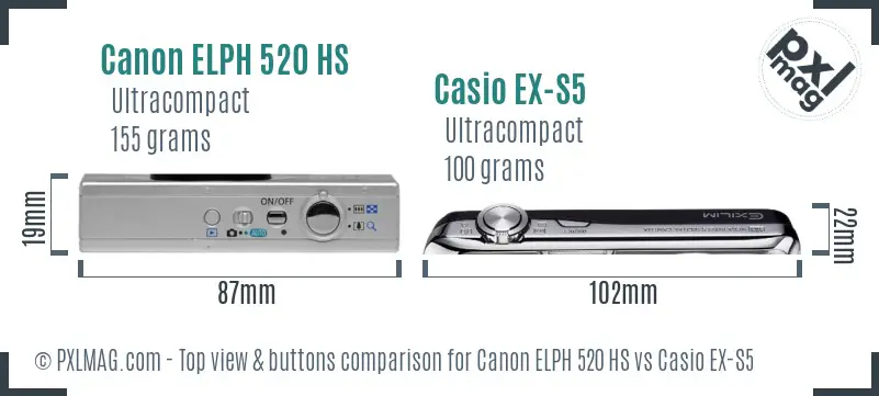 Canon ELPH 520 HS vs Casio EX-S5 top view buttons comparison