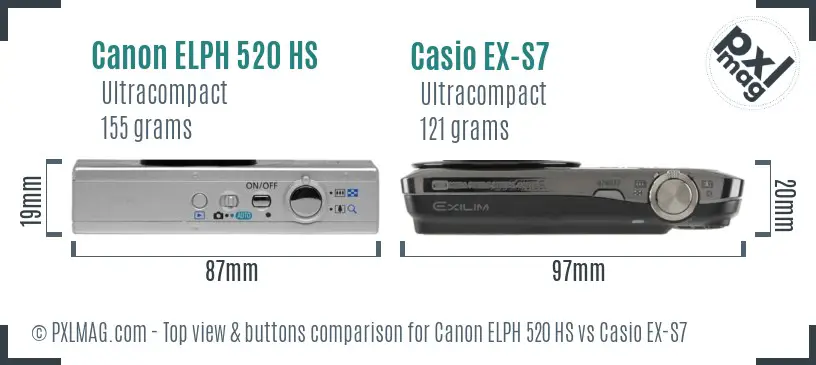 Canon ELPH 520 HS vs Casio EX-S7 top view buttons comparison