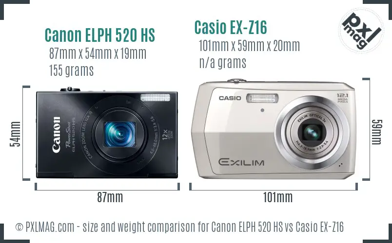 Canon ELPH 520 HS vs Casio EX-Z16 size comparison
