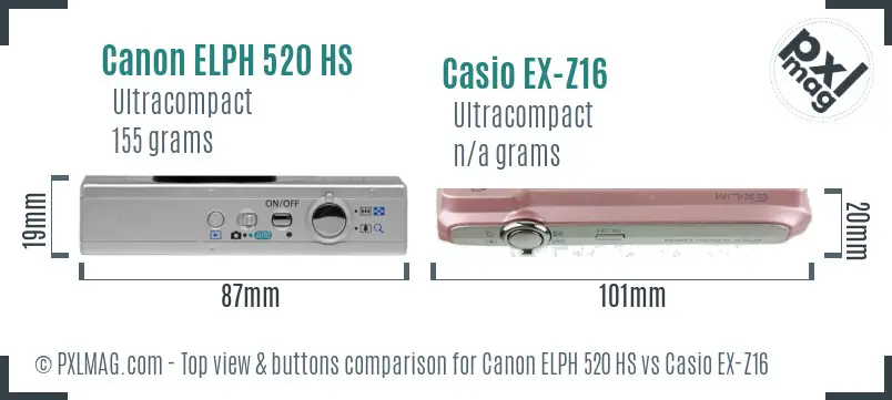 Canon ELPH 520 HS vs Casio EX-Z16 top view buttons comparison