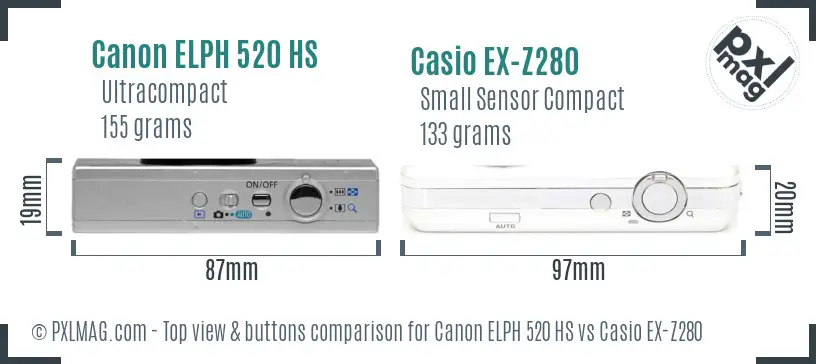 Canon ELPH 520 HS vs Casio EX-Z280 top view buttons comparison