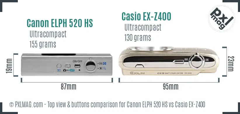 Canon ELPH 520 HS vs Casio EX-Z400 top view buttons comparison