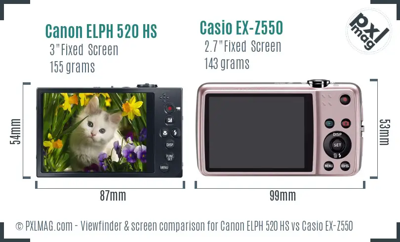 Canon ELPH 520 HS vs Casio EX-Z550 Screen and Viewfinder comparison