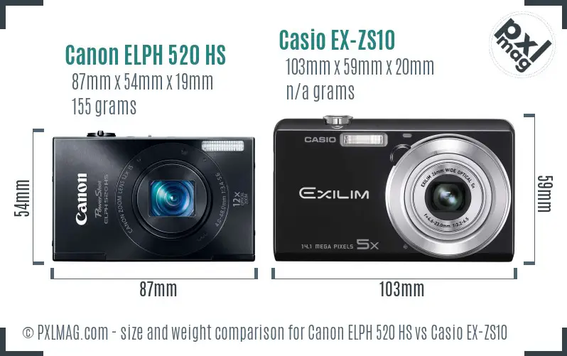 Canon ELPH 520 HS vs Casio EX-ZS10 size comparison