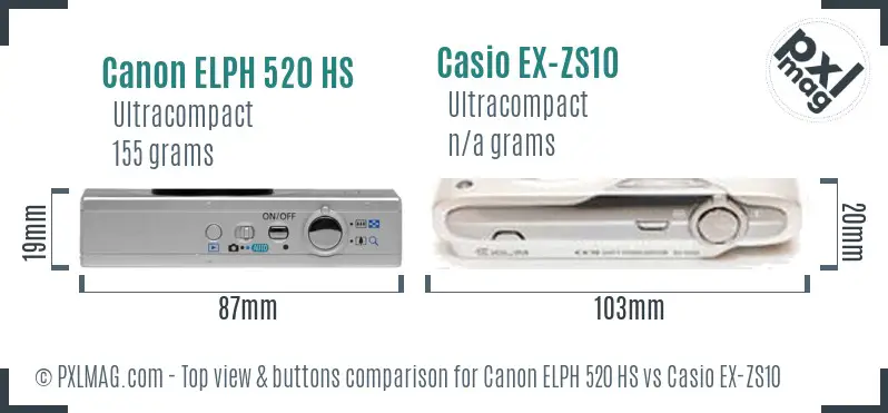 Canon ELPH 520 HS vs Casio EX-ZS10 top view buttons comparison