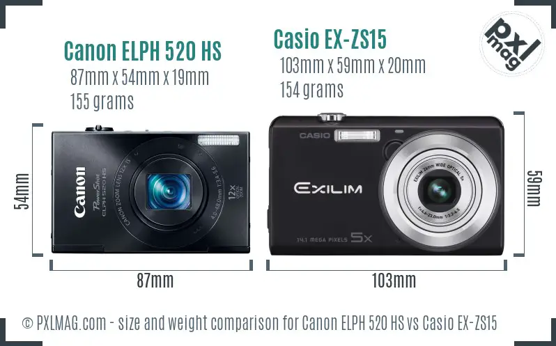 Canon ELPH 520 HS vs Casio EX-ZS15 size comparison