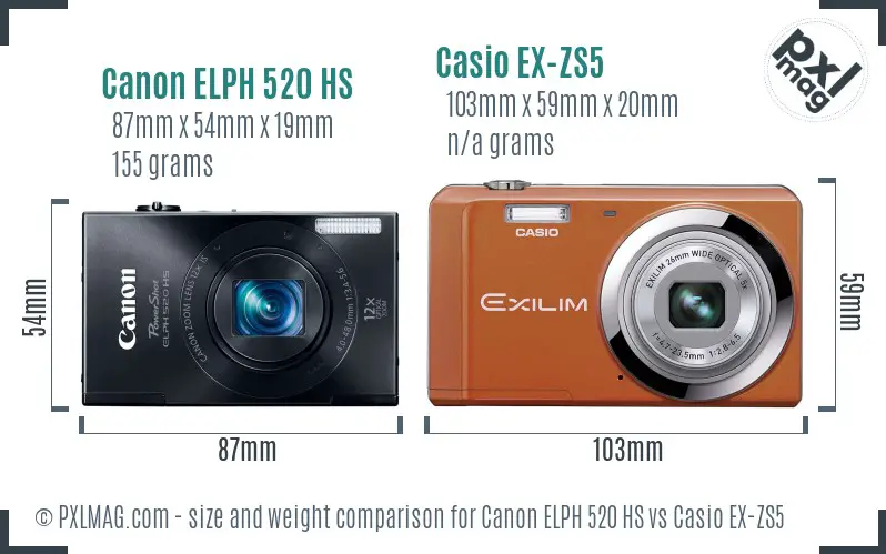 Canon ELPH 520 HS vs Casio EX-ZS5 size comparison