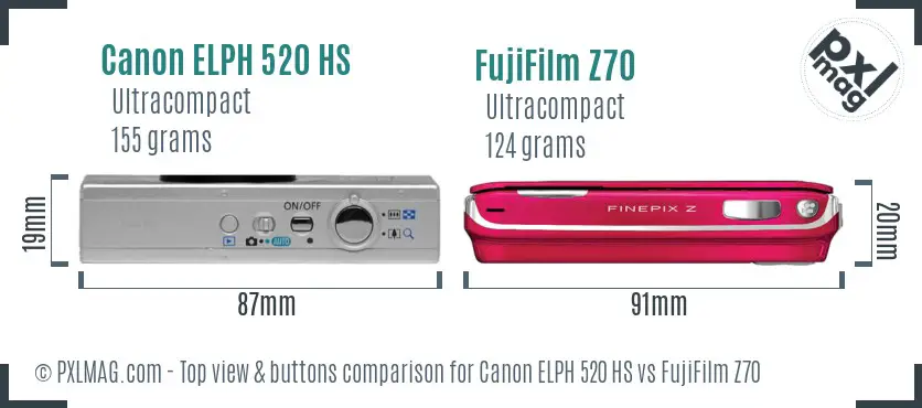 Canon ELPH 520 HS vs FujiFilm Z70 top view buttons comparison