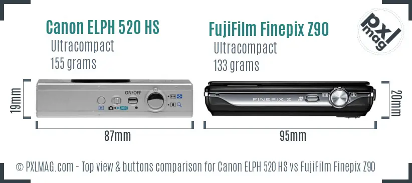 Canon ELPH 520 HS vs FujiFilm Finepix Z90 top view buttons comparison