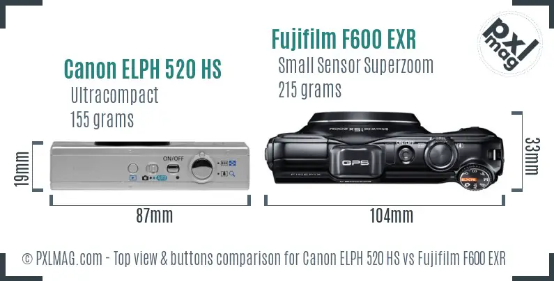 Canon ELPH 520 HS vs Fujifilm F600 EXR top view buttons comparison Canon ELPH 520 HS vs Fujifilm F600 EXR top view buttons comparison