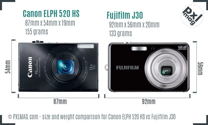 Canon ELPH 520 HS vs Fujifilm J30 size comparison