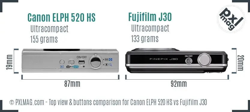 Canon ELPH 520 HS vs Fujifilm J30 top view buttons comparison
