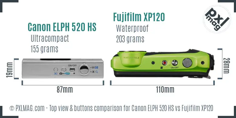 Canon ELPH 520 HS vs Fujifilm XP120 top view buttons comparison