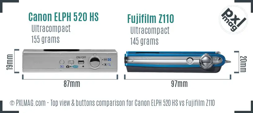 Canon ELPH 520 HS vs Fujifilm Z110 top view buttons comparison