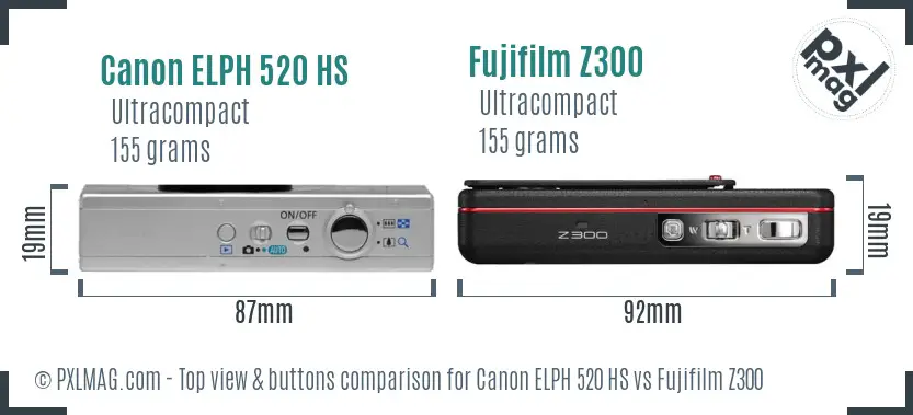 Canon ELPH 520 HS vs Fujifilm Z300 top view buttons comparison