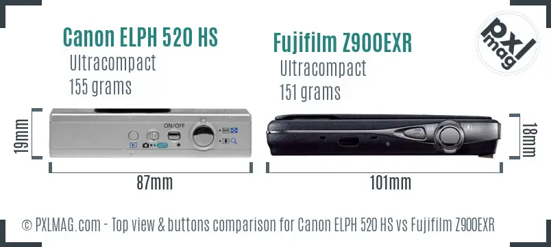 Canon ELPH 520 HS vs Fujifilm Z900EXR top view buttons comparison